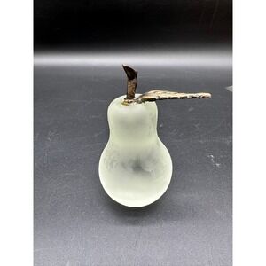 Frosted Glass Pear Figurine With Metal Leaf Vintage Fruit‎ Paperweight Decor